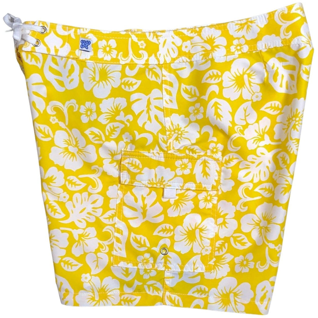 "Pure Hibiscus Too" Womens Board Shorts - Regular Rise / 7" Inseam (Yellow)