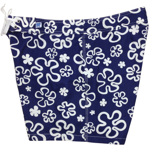 "Flower Power" 100% Cotton Canvas Board Shorts - Regular Rise / 5" Inseam (Blue) - Board Shorts World