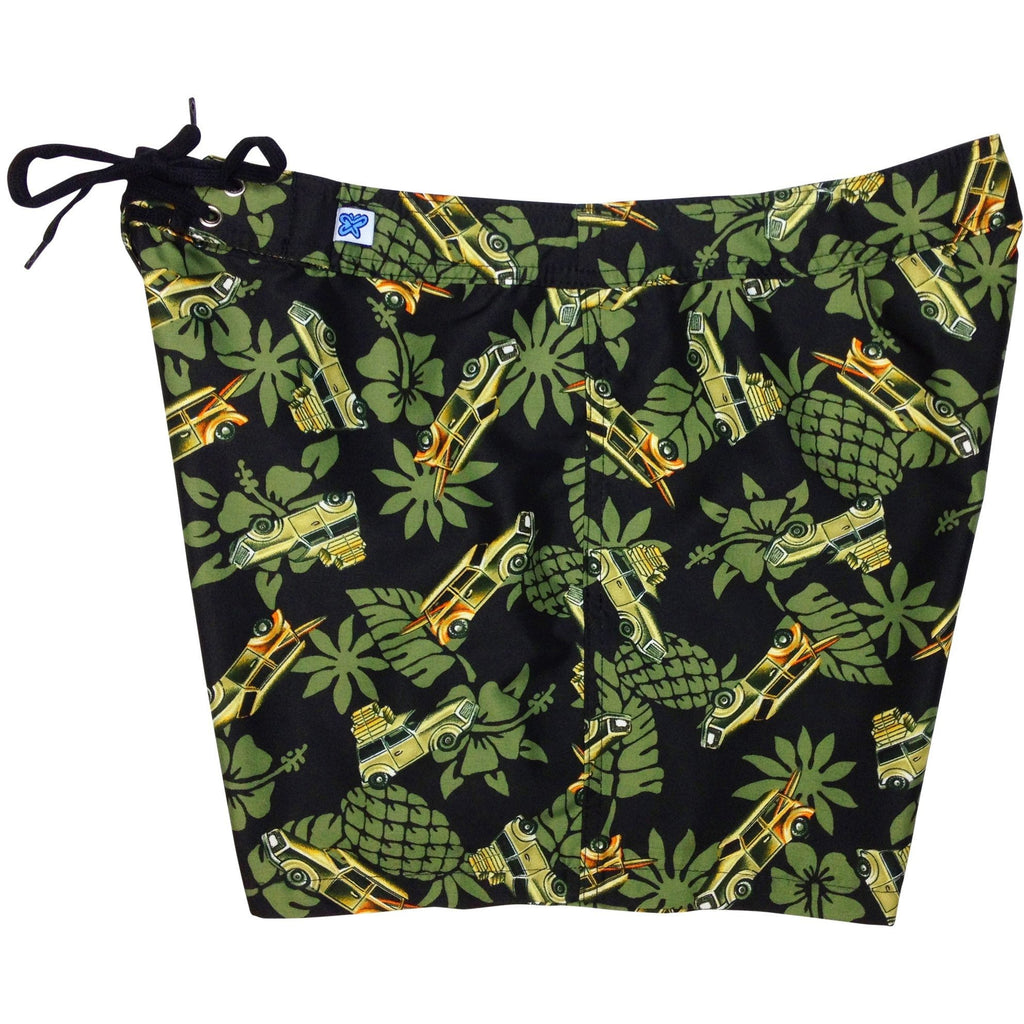 "One for the Road" Woodie Cars Womens Board Shorts - Regular Rise / 5" Inseam (Olive, Red, or Blue) - Board Shorts World - 1