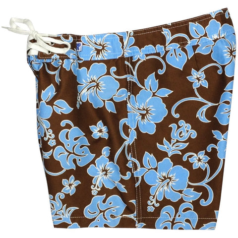 "Pure Hibiscus" Girls Board Shorts - 5" Inseam (Brown+Blue or Brown+Pink) - Board Shorts World - 1