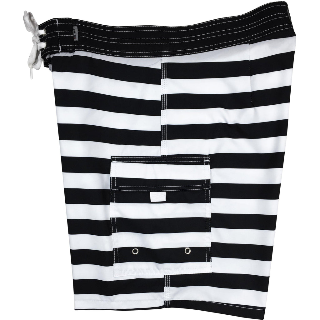 "Jail Bird" Black/White Stripe Boys Board Shorts.  Custom Make. - Board Shorts World